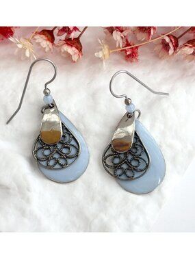 Layered Filigree Blue Enamel Hallmark Teardrop Silver Toned Vintage Earrings